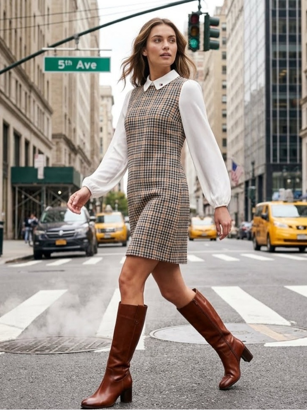 Tommy Hilfiger Houndstooth Plaid Shift Dress White Blouson Satin Sleeve Size 10